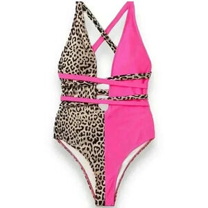 Shein One Piece Swimsuit Contrasting Pink and Leopard Plunging Front Self Tie